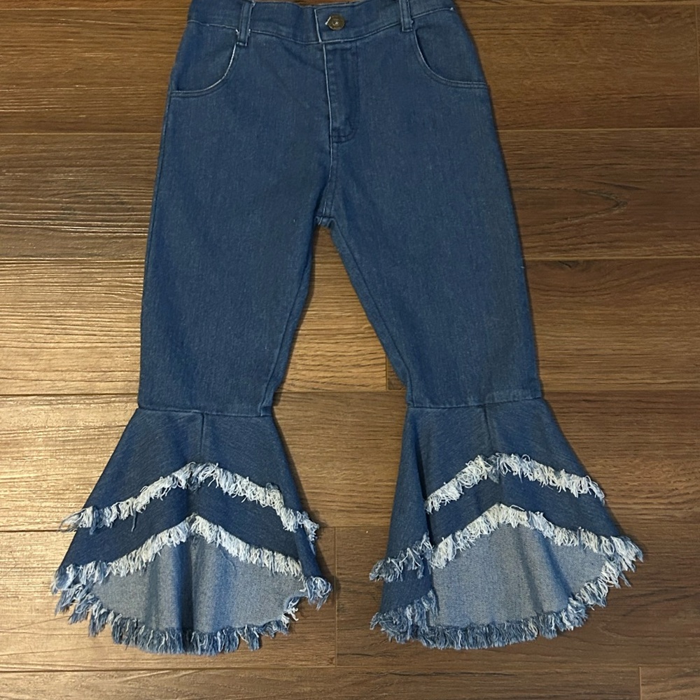 SHEIN Blue denim Frayed Tiered Flare Jeans